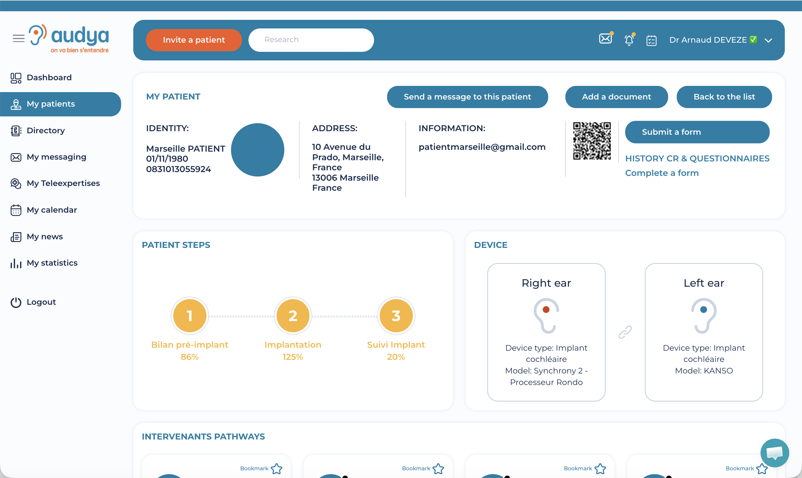 Audya dashboard — patient record with care pathway overview