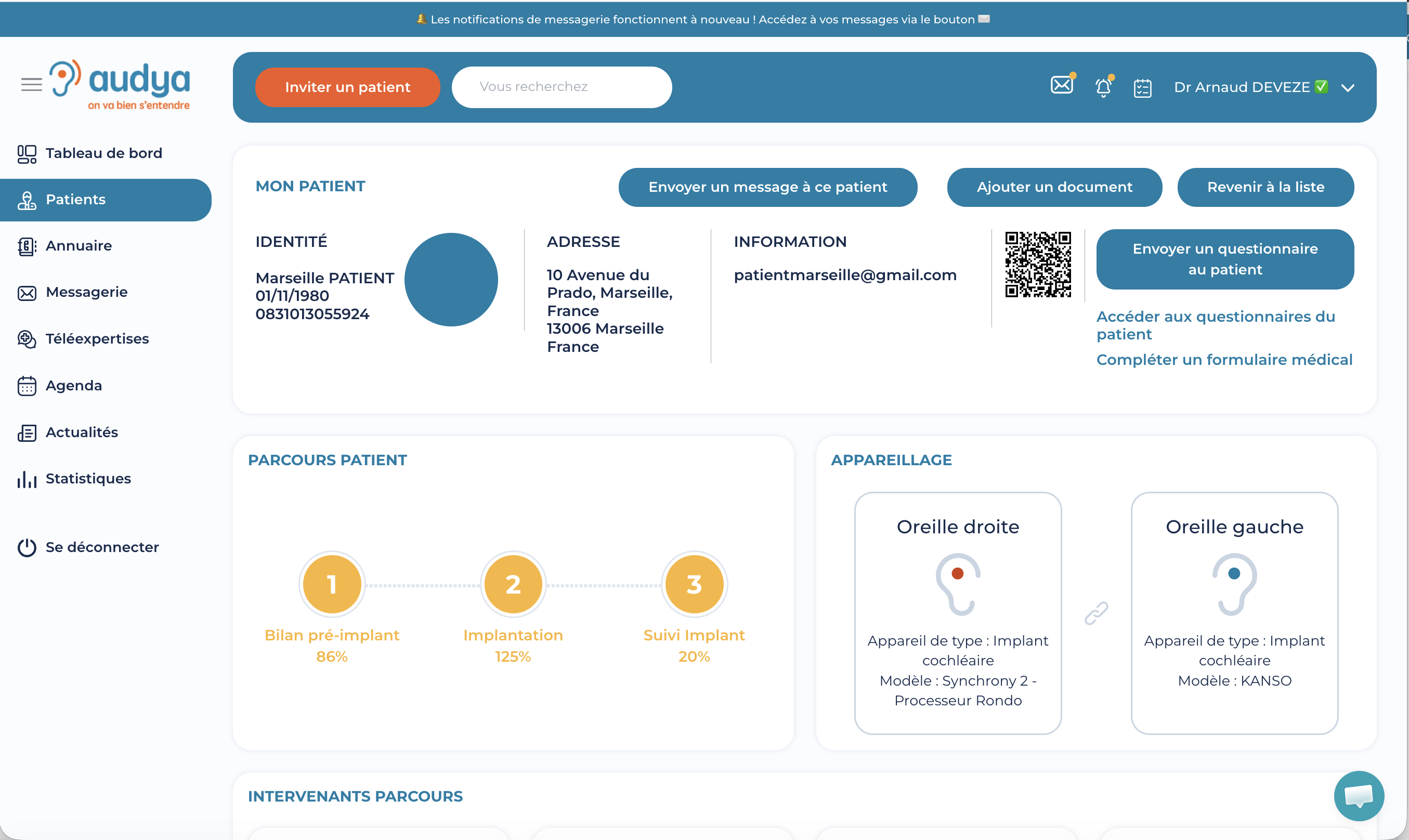 Tableau de bord Audya — vue dossier patient avec parcours de
soins