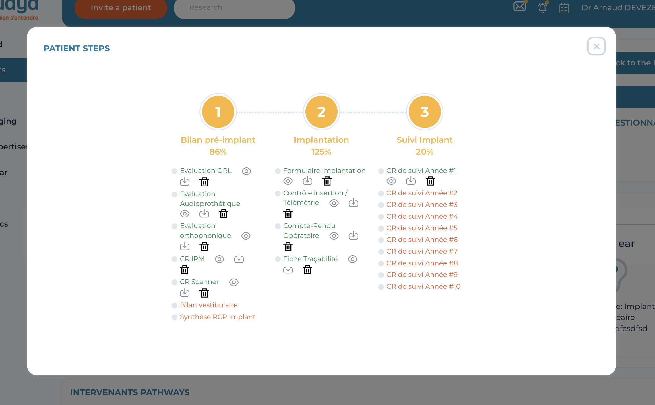 Audya patient pathway with pre-implant assessment, implantation, and follow-up stages