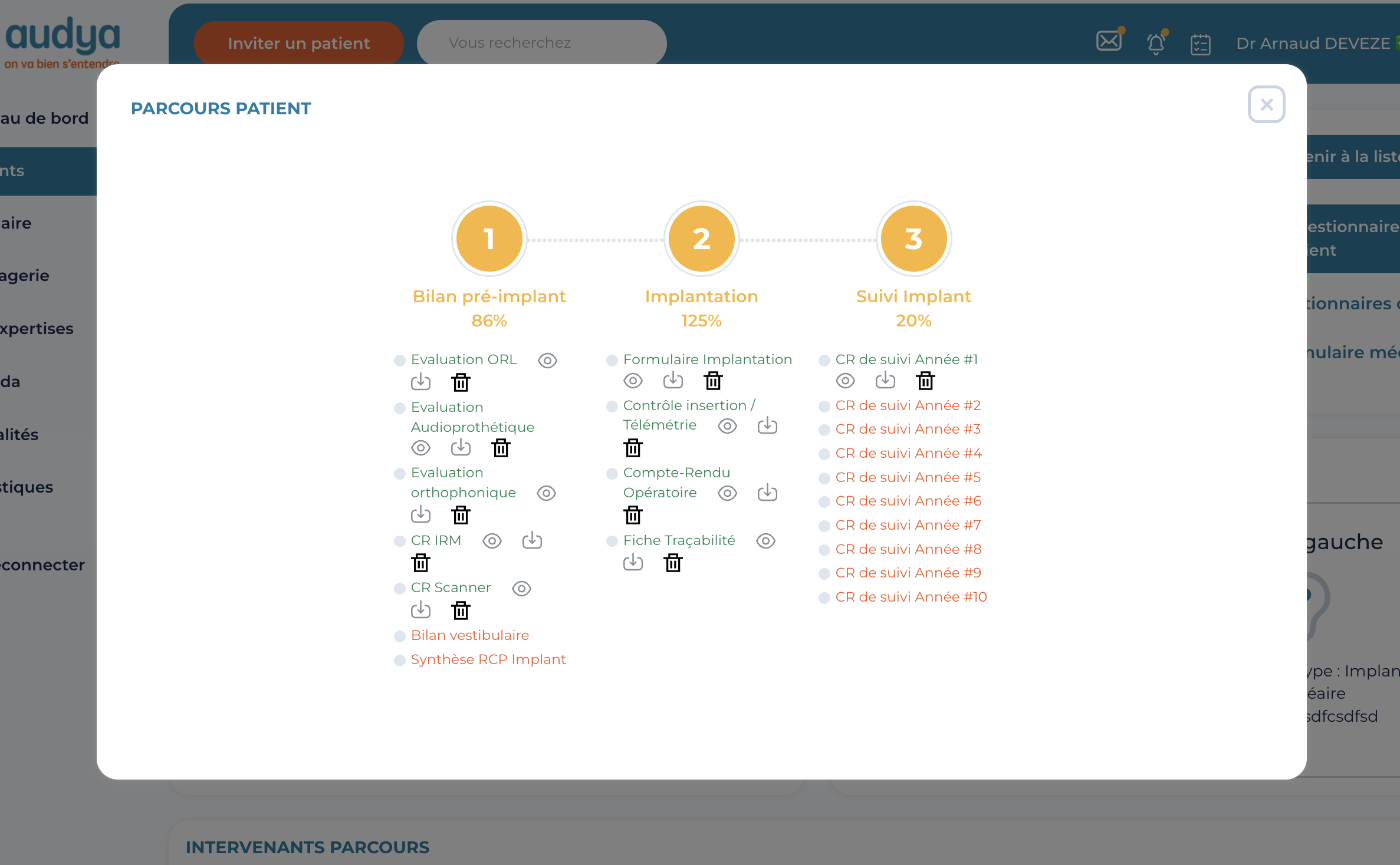 Parcours patient Audya avec étapes bilan pré-implant, implantation,
suivi